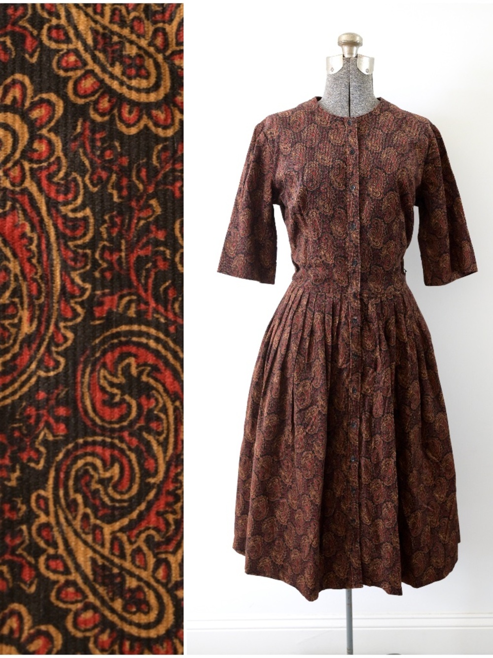 1960s COS COB Black Brown Red Paisley Corduroy Fit and Flare Button Front Dress